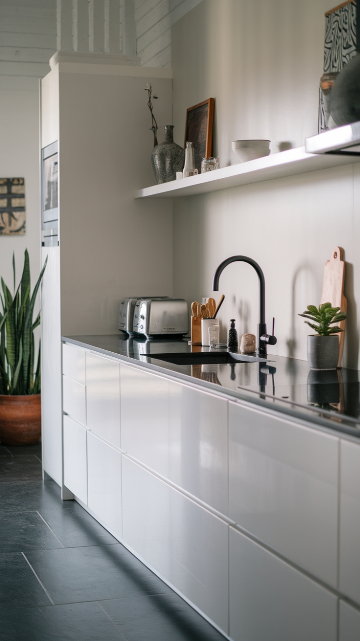 A symphony of style and functionality, this modern kitchen is a testament to clean lines and thoughtful design. Dark grey tiles ground the space, while the black faucet and minimalist décor create a sense of understated elegance. The perfect blend of form and function, this kitchen is as beautiful as it is practical.