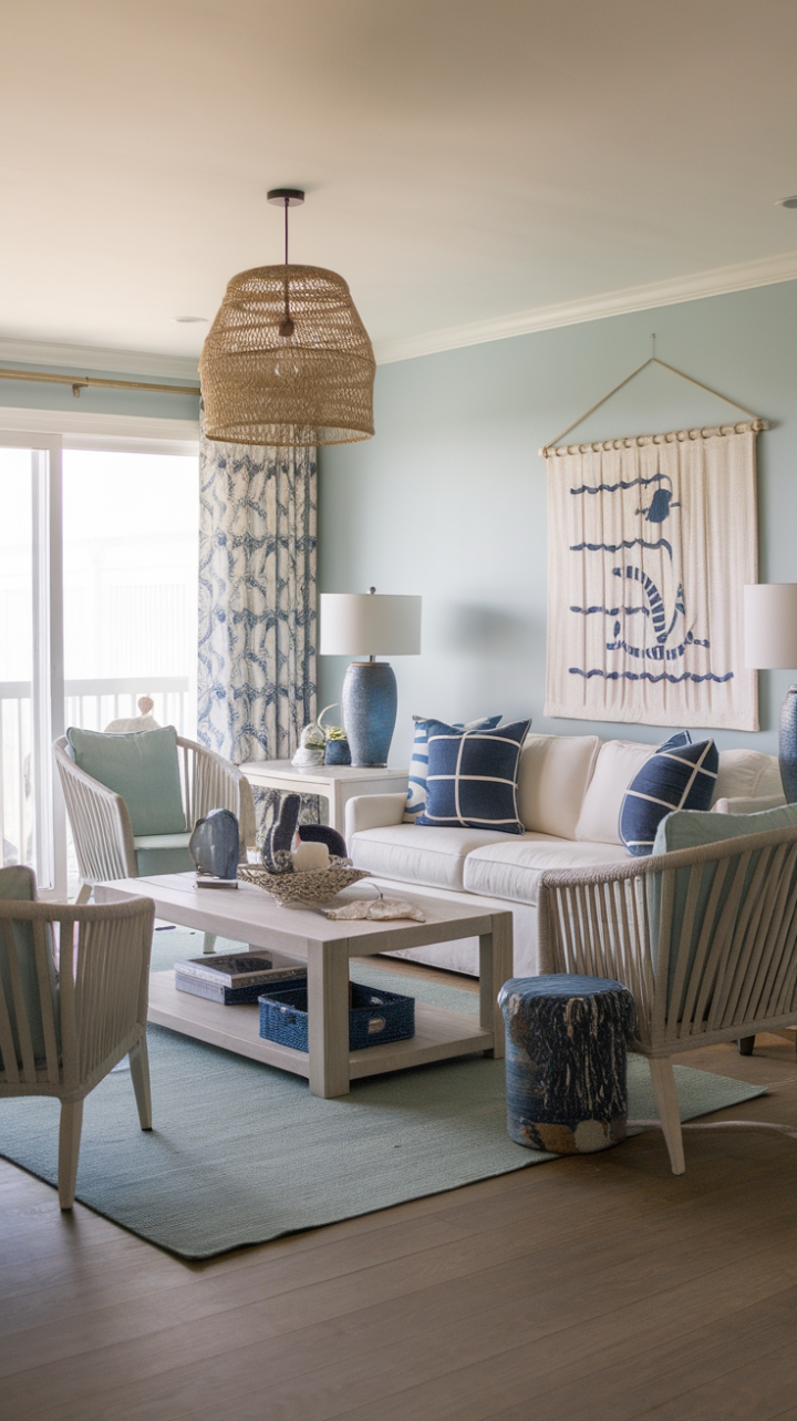 This contemporary coastal living room captures the essence of seaside serenity with its soothing ocean-inspired color palette and nautical decor. The soft blue walls create a tranquil backdrop for breezy furnishings, including a plush sofa and stylish chairs that invite relaxation. A chic coffee table anchors the space, while marine-themed accents like a decorative lamp and a whimsical wall hanging add playful touches of charm. The warm wooden floor complements the airy atmosphere, making this room a perfect retreat for those who cherish the beauty of coastal living.