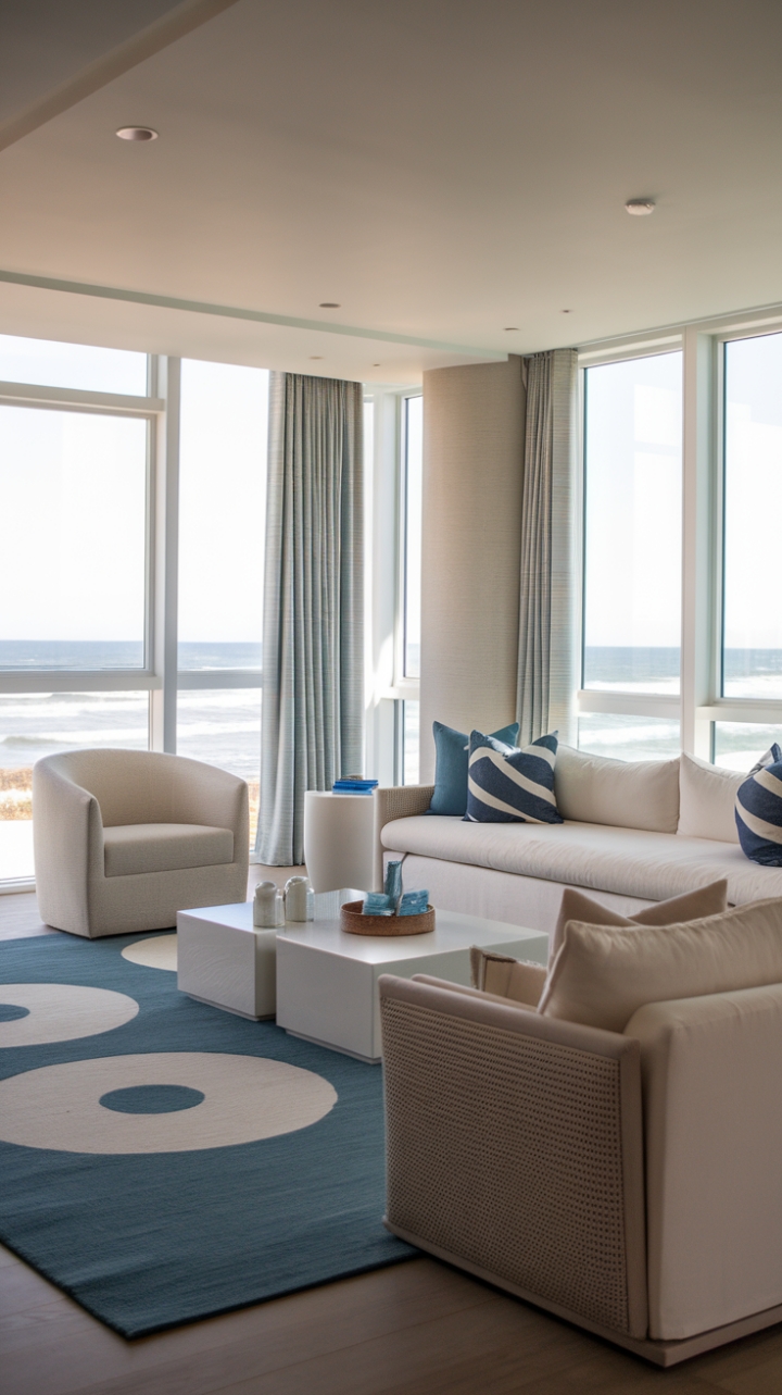 In this modern beach house living room, tranquility reigns supreme, with a calming color scheme of greys, whites, and beiges that mirrors the gentle hues of the ocean. Large windows invite the stunning seaside views inside, while the breezy furnishings-a crisp white sofa with plush beige cushions, a cozy beige chair, and a sleek white coffee table-create an inviting space for relaxation. Accents of marine inspiration, such as a bold blue rug with whimsical white circles and a striped blue pillow, infuse the room with a playful coastal vibe, all set against a backdrop of minimalist decor that allows the beauty of the surroundings to shine through.