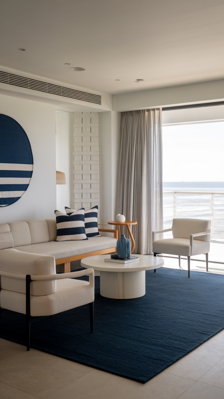 Dive into a world of relaxed sophistication with this contemporary coastal living room. Clean lines and a calming ocean-inspired color scheme create a sanctuary of tranquility. Subtle nautical accents, like the blue and white striped pillow and navy rug, add a touch of seaside charm without overwhelming the minimalist aesthetic. This is coastal living redefined.