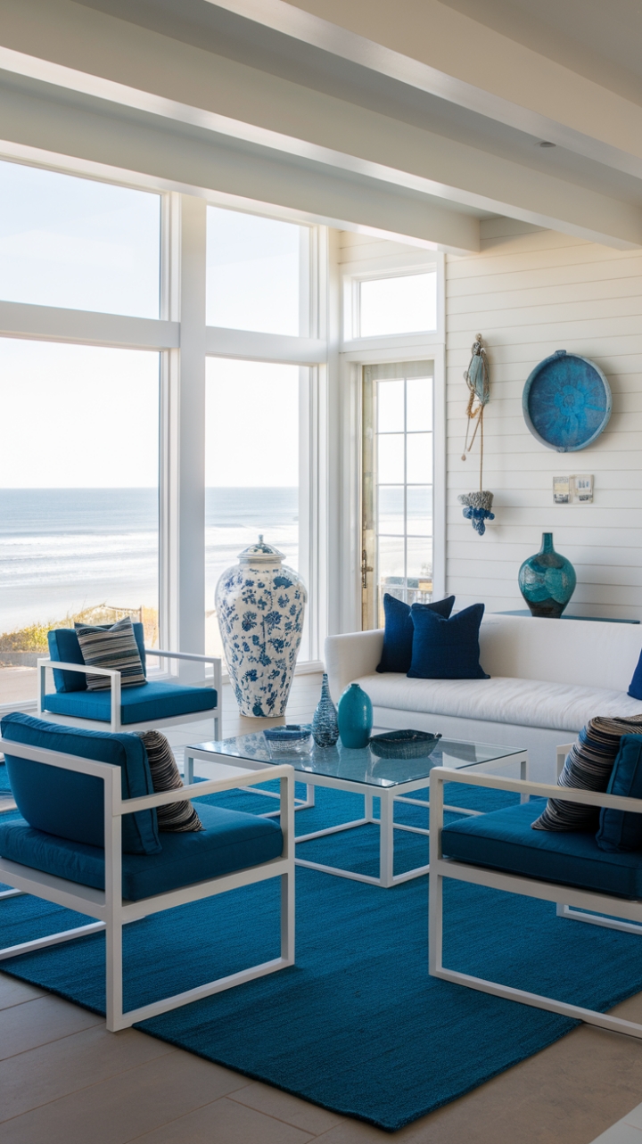 Imagine waking up to this view: a sun-drenched living room where modern design meets the tranquility of the sea. White furniture, airy decor, and a captivating blue rug create a space that's both stylish and serene. The large windows frame the endless ocean horizon, blurring the lines between indoors and out, and transforming this room into your personal coastal sanctuary.