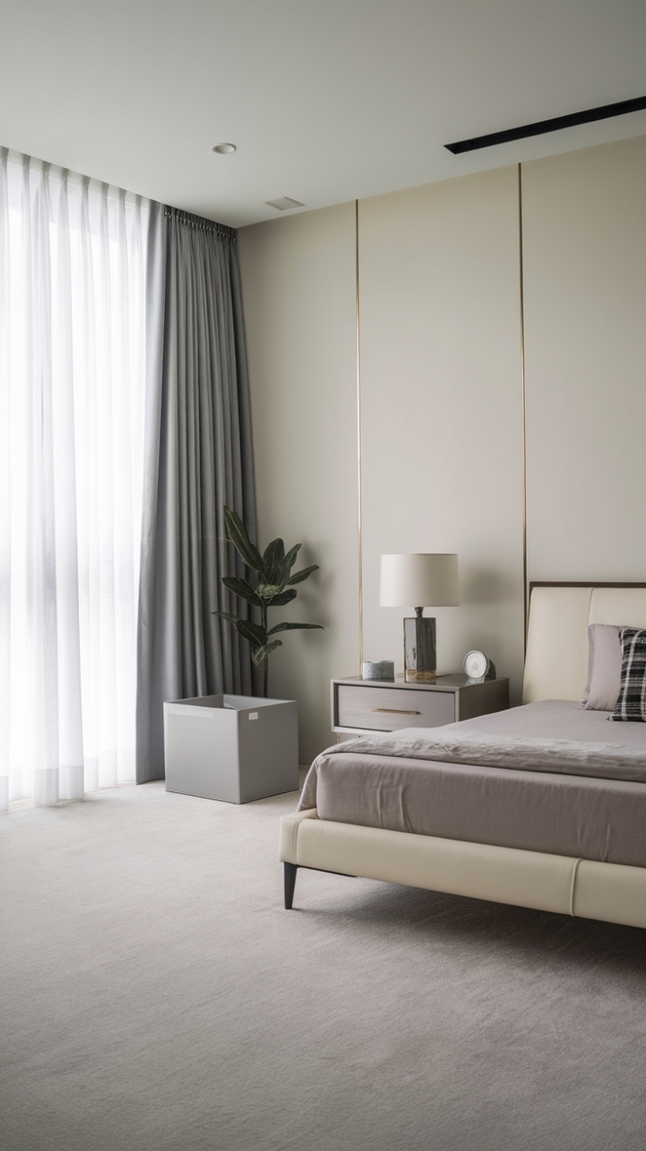 A sanctuary of modern elegance, this bedroom showcases a minimalist aesthetic that speaks to the beauty of simplicity. The pristine white walls and soft gray carpet create a calming foundation for the stylish white bed frame and inviting gray mattress, offering a cozy yet chic atmosphere. A sleek nightstand, topped with a contemporary lamp, provides both function and flair, while a vibrant plant introduces a refreshing pop of greenery. Bathed in natural light from the expansive window, this space is a perfect blend of comfort and sophistication, inviting you to unwind in its tranquil embrace.