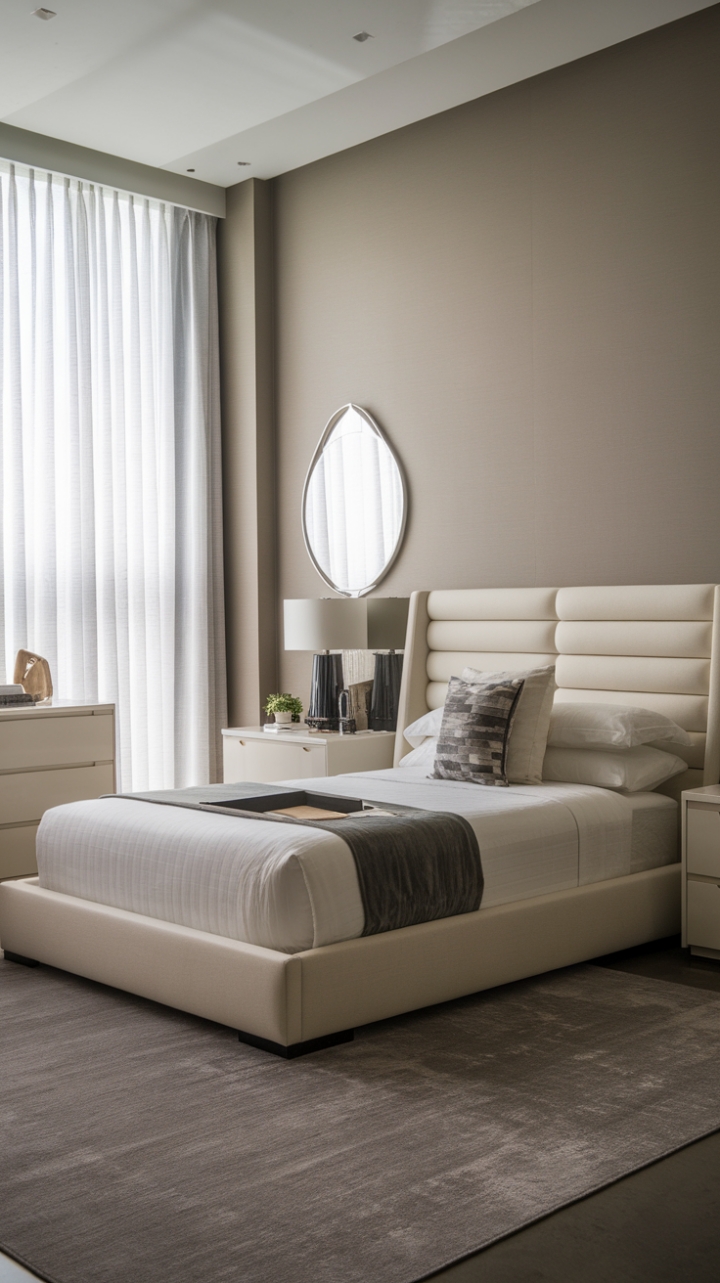 This contemporary bedroom exudes a chic urban vibe, where minimalist design meets modern elegance. The light gray walls create a serene backdrop for the queen-size bed, adorned with a plush white upholstered headboard that invites relaxation. Flanking the bed, a matching white dresser and nightstand with a stylish lamp add functionality while maintaining the room's sleek aesthetic. Underfoot, a soft gray area rug adds warmth and texture, while a large window draped in airy white curtains allows natural light to flood the space, enhancing its tranquil ambiance.