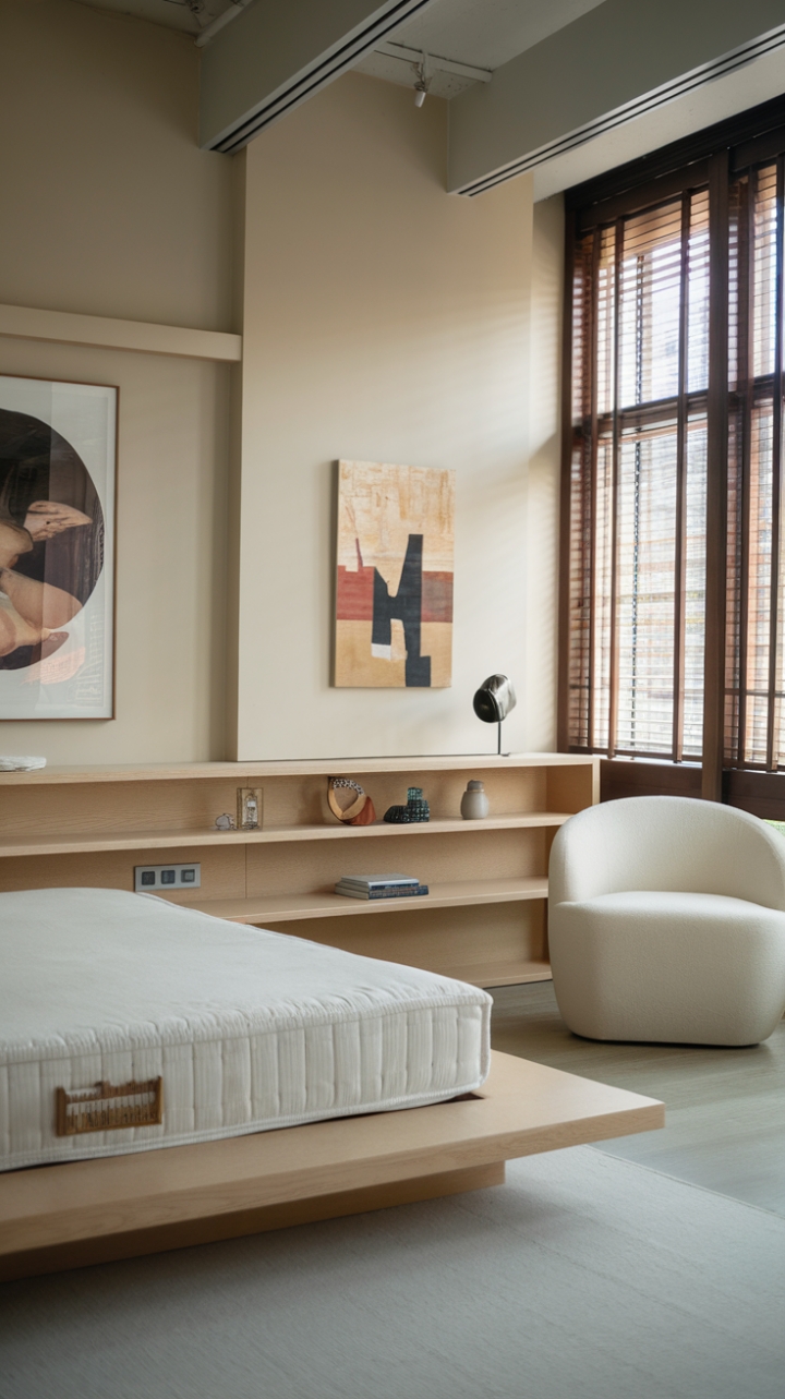 Unwind in this contemporary haven, where minimalist design meets urban chic. Light wood floors and a platform bed with integrated shelving create a serene atmosphere, complemented by carefully curated artwork and a touch of white for a clean, sophisticated feel. The large window, softened by wooden blinds, bathes the space in natural light.