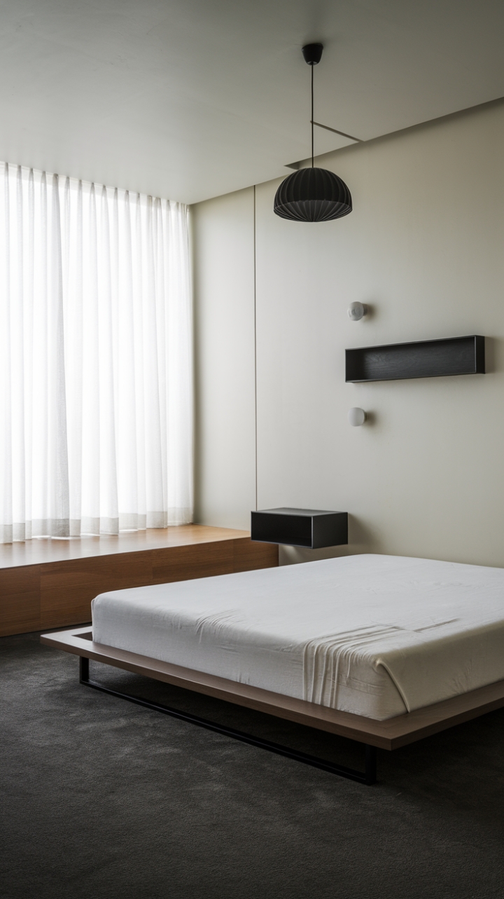 In this contemporary bedroom, minimalist design harmonizes with urban sophistication, creating a serene sanctuary. The pristine white walls and dark gray carpet set a striking contrast, while the platform bed, featuring a sleek black metal frame and a crisp white mattress, anchors the space. A chic black wooden nightstand stands beside the bed, and a stylish black pendant light illuminates the room with a warm ambiance. The wall-mounted black shelf adds a touch of modern flair, and the soft white curtains frame the window, allowing natural light to dance through, making this bedroom a perfect blend of comfort and contemporary style.
