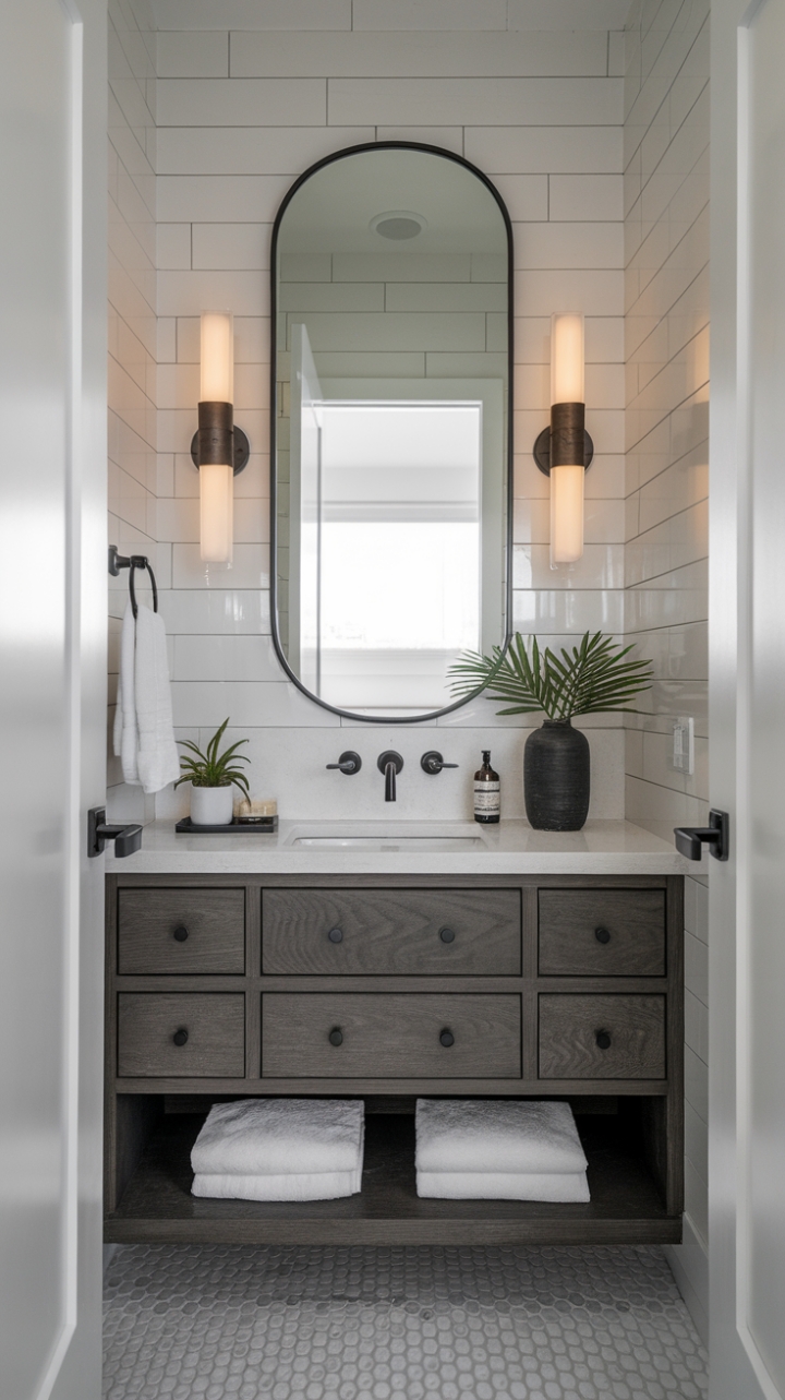 A stunning example of modern design, this powder room captivates with its minimalist approach and sleek vanity that harmonizes with the chic decor. The trendy restroom fixtures add a touch of sophistication, while the overall ambiance creates a welcoming retreat for guests. With its clean lines and contemporary flair, this stylish half bath is a perfect blend of form and function, showcasing the beauty of simplicity in home decor.