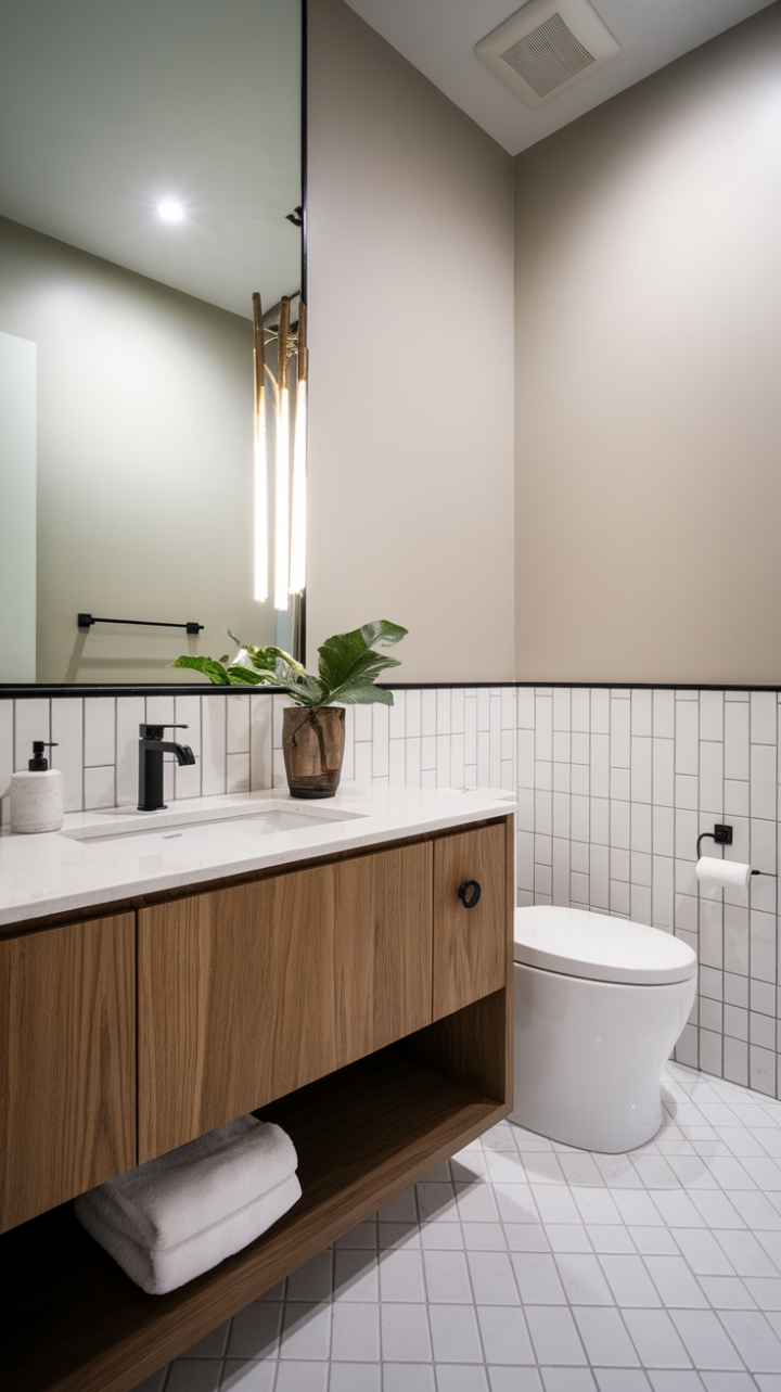 This contemporary powder room exudes sophistication with its minimalist design, showcasing a sleek vanity topped with a pristine white countertop and a striking black faucet that adds a touch of drama. The stylish half bath features a crisp white toilet complemented by a modern black flush handle, creating a cohesive look. The pristine white tiles underfoot reflect the soft light, while the light grey walls provide a serene backdrop, enhancing the room's airy feel. With its chic restroom decor, this space is the perfect blend of functionality and style, making it an inviting retreat for guests.