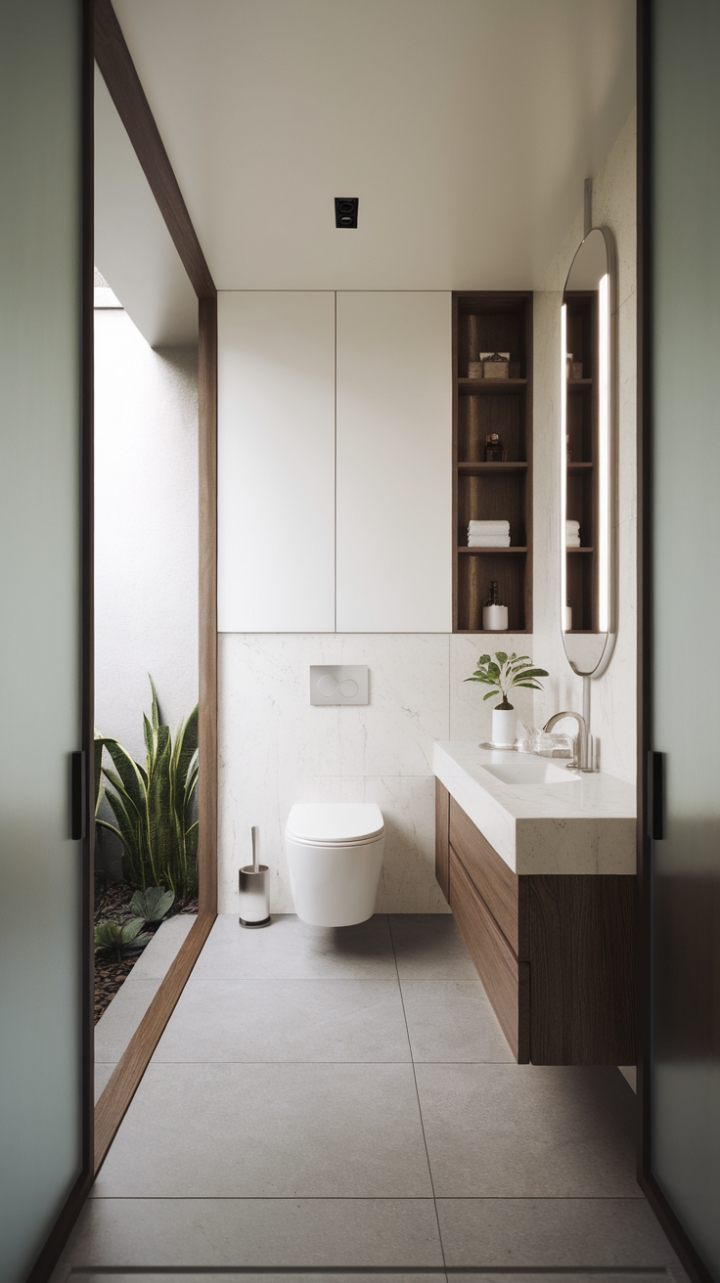 Indulge in the serene sophistication of this contemporary powder room. Clean lines, a minimalist vanity, and a calming white palette punctuated by warm wood accents create a sanctuary of understated elegance. The tiled floor and a touch of greenery complete this chic and functional space.