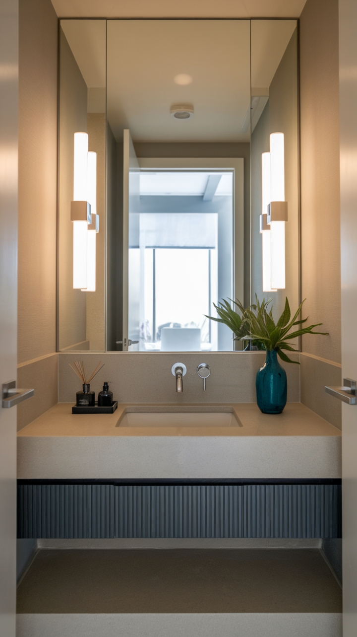 Dive into a world of contemporary chic with this powder room's captivating design. The stylish half-bath boasts a sleek vanity and modern fixtures, all harmoniously unified by a neutral color scheme punctuated by a refreshing touch of blue. A space where minimalist aesthetics meet luxurious comfort.