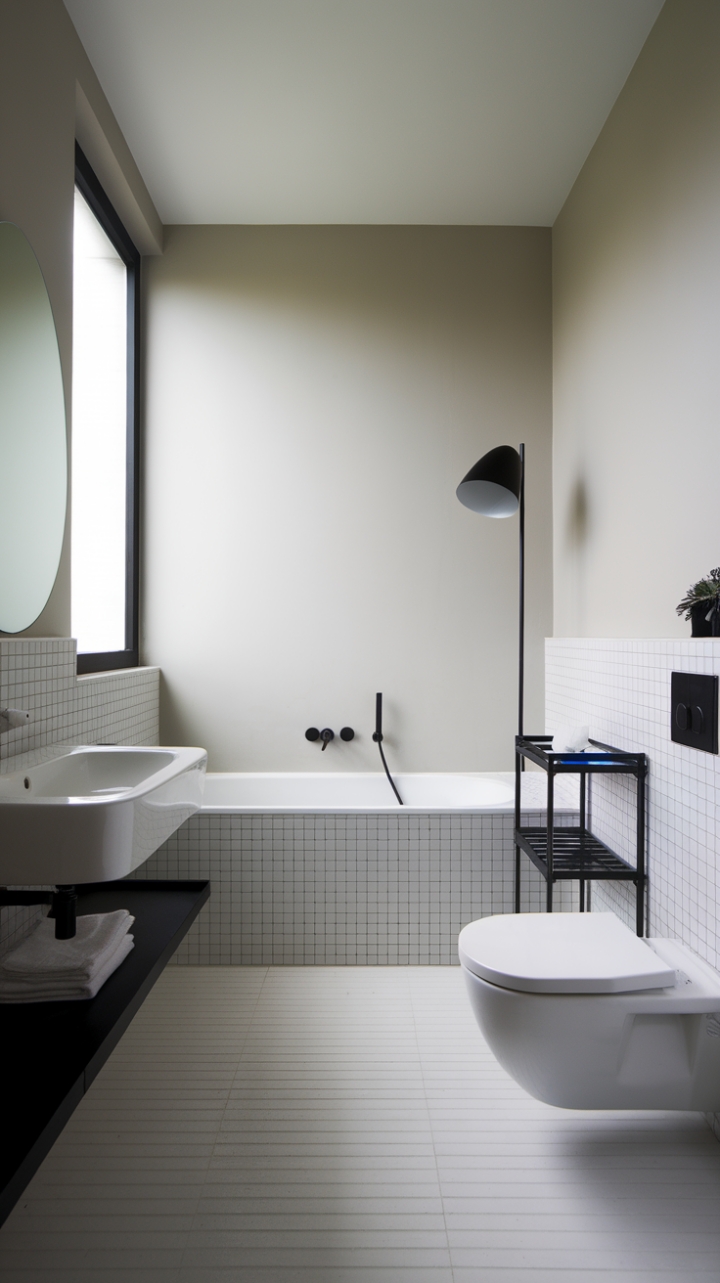 Indulge in the serenity of this minimalist bathroom haven. Clean lines, a calming gray palette, and the subtle contrast of black accents create a sanctuary of sophisticated simplicity. The freestanding tub beckons for long, luxurious soaks.