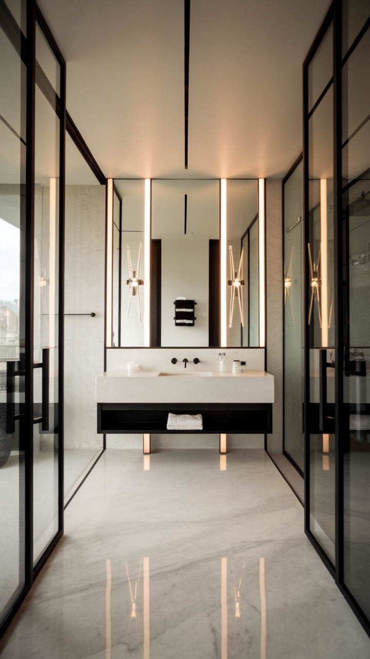 Experience the height of minimalist luxury in this breathtaking bathroom. A pristine white palette is masterfully contrasted with bold black fixtures, resulting in a space that is both strikingly modern and exquisitely calming. Pure design perfection.