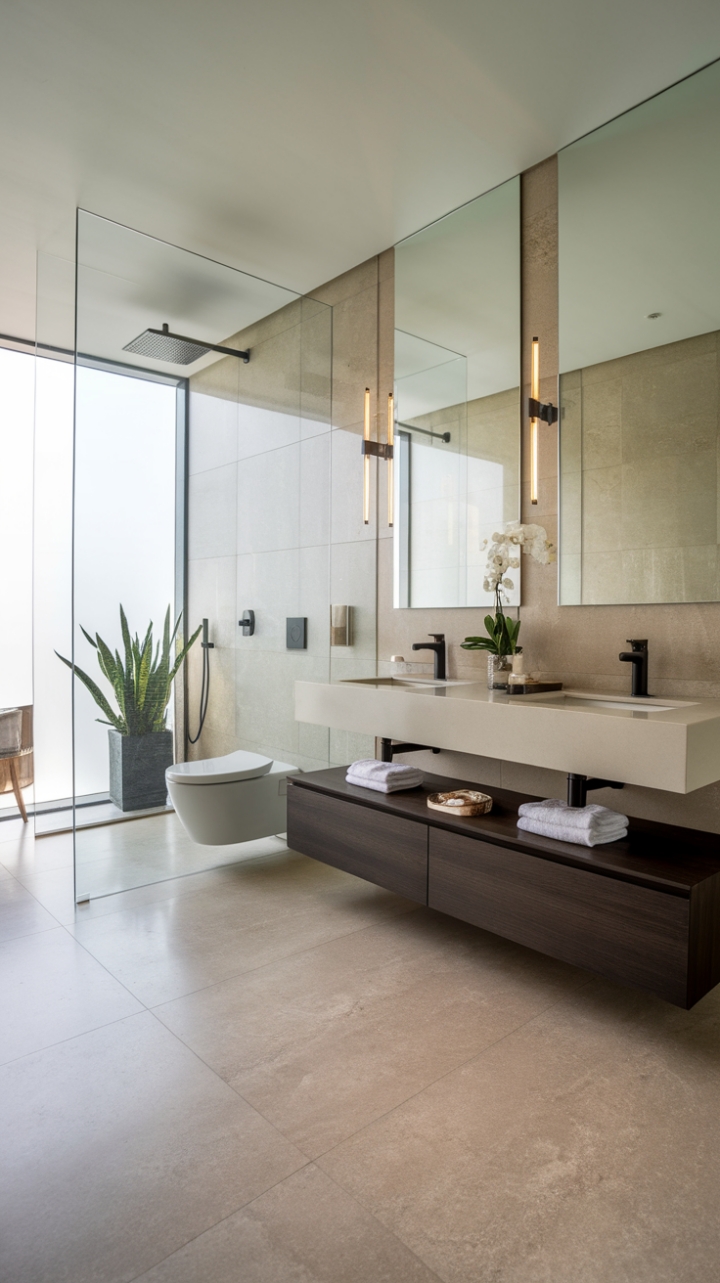 Experience the epitome of minimalist chic in this breathtaking bathroom. The expansive glass shower, paired with a contemporary floating vanity and wall-mounted toilet, maximizes space and style. Subtle contrasts of white and black create a sophisticated palette, perfectly complemented by the warm beige tiles and a calming potted plant. A true oasis of calm.