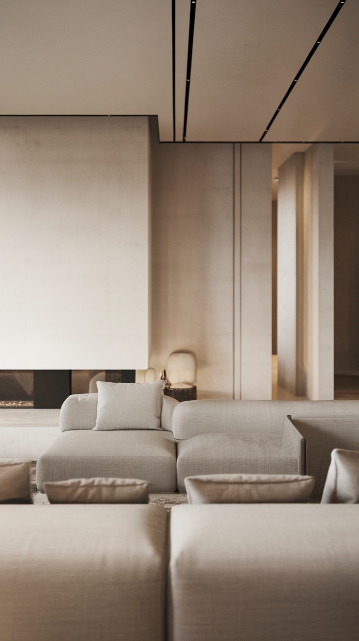 A stunning example of contemporary minimalism, this living room showcases a refined palette of whites, grays, and beiges that harmonize beautifully. The uncluttered furniture, with its clean lines and understated textures, creates a serene atmosphere that invites calm and contemplation. With an open layout that emphasizes spaciousness, this design embodies the essence of modern living, where simplicity meets elegance in perfect balance.
