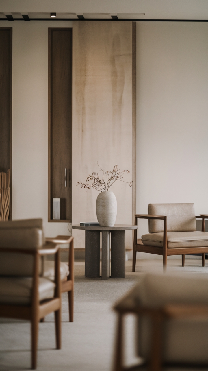 This contemporary minimalist living room exudes a serene elegance, where every element is thoughtfully curated to create a harmonious retreat. The sleek wooden furniture, characterized by its clean lines, complements the neutral color palette, while subtle textures add depth and warmth to the space. With an uncluttered layout and an abundance of open space, this room invites relaxation and reflection, making it the perfect sanctuary for modern living.