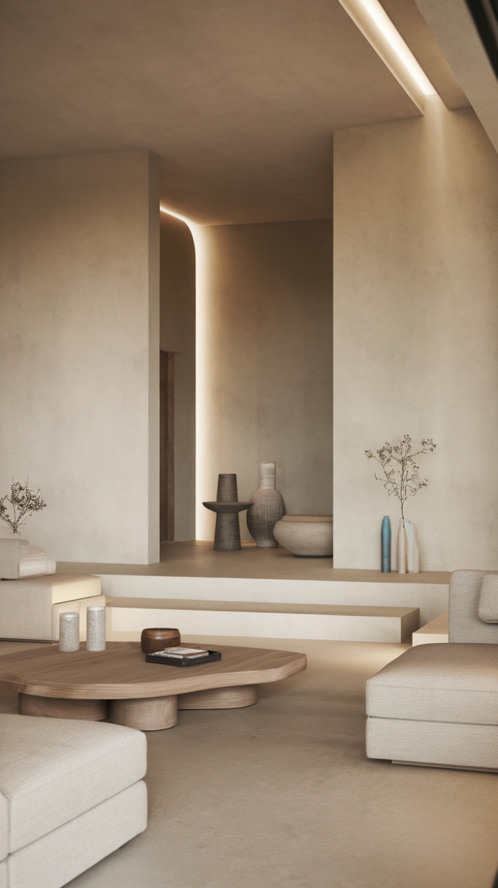 This contemporary minimalist living room exudes tranquility with its serene neutral color palette and sleek decor. The uncluttered space showcases a harmonious blend of clean lines and subtle textures, from the warm wooden coffee table that invites relaxation to the textured wall that adds depth and interest. Each element is thoughtfully curated, creating an inviting atmosphere that celebrates simplicity and sophistication.