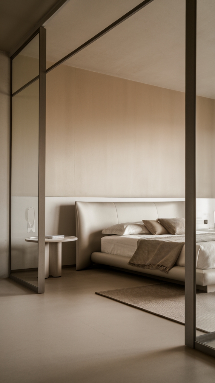 Embracing the essence of minimalism, this bedroom showcases a refined simplicity that speaks to modern elegance. The white headboard serves as a striking focal point, perfectly complemented by the understated side table, while the neutral tones of the walls and floor create a cohesive backdrop that enhances the room's airy feel. This space is a perfect example of how less can truly be more, offering a peaceful sanctuary for rest and rejuvenation.