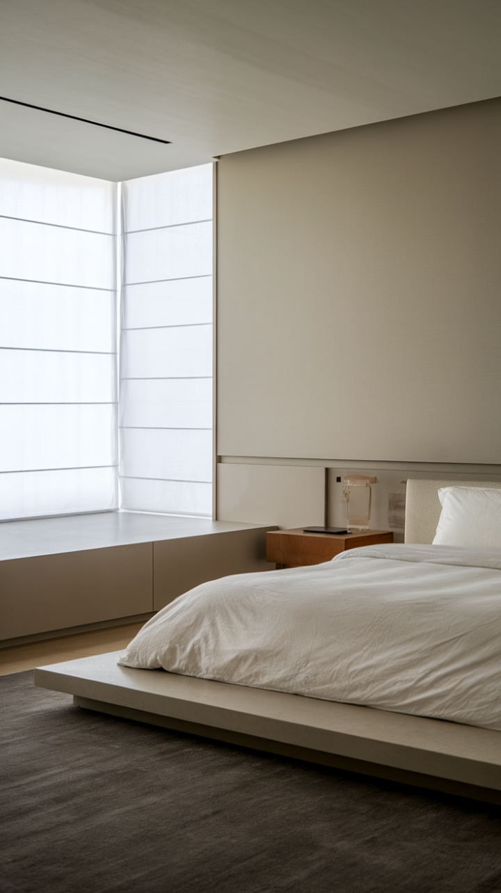 Uncluttered serenity meets sophisticated style in this minimalist bedroom haven. The calming grey walls, plush dark grey rug, and crisp white bedding create a sanctuary of understated elegance, perfectly complemented by the warm tones of the wooden nightstand. The expansive window, softened by sheer blinds, bathes the space in natural light, enhancing the feeling of tranquil spaciousness.