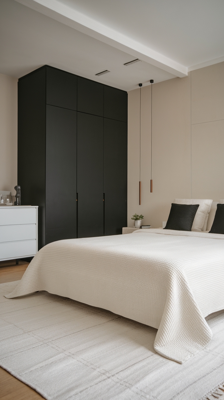 In this contemporary minimalist bedroom, simplicity reigns supreme, showcasing a refined neutral palette that invites calm and clarity. The queen bed, dressed in a pristine white coverlet and accented with two striking black pillows, stands as a testament to understated elegance. A black wardrobe and a white dresser provide functional storage while maintaining the room's sleek aesthetic. The soft white rug underfoot adds a touch of coziness, and the strategically placed hooks on the wall offer practical charm without compromising the uncluttered vibe. This space embodies the essence of minimalist design, where every detail is thoughtfully curated for a harmonious living experience.