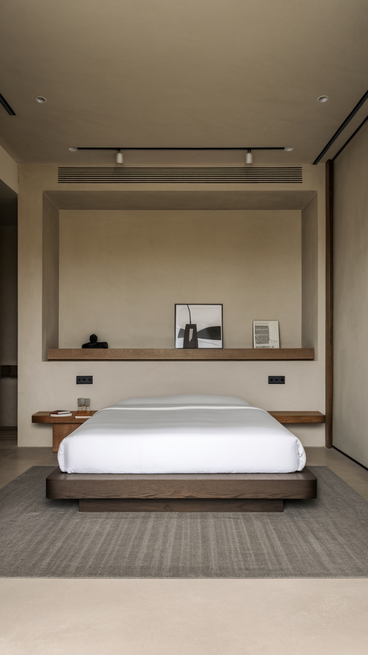 Clean lines and a neutral color story define this contemporary bedroom's understated elegance. The dark wood bed frame anchors the space, while a plush grey rug adds a touch of softness underfoot. Simple, yet strikingly chic.