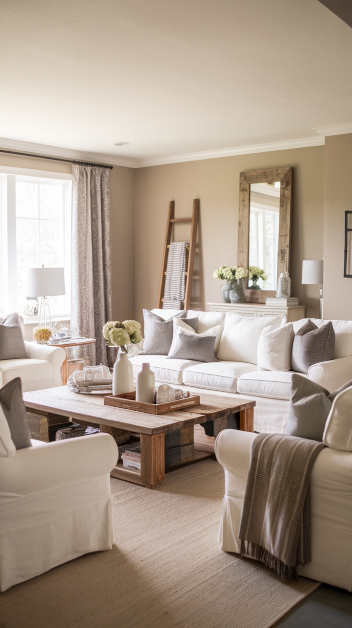 Embracing the essence of modern farmhouse design, this living room radiates a cozy yet sophisticated atmosphere, where the soothing beige walls and white furnishings create a tranquil backdrop for the reclaimed wood coffee table that commands attention. Vintage elements, including a rustic mirror and a wooden ladder, infuse the space with personality, while the soft beige rug underfoot enhances the inviting ambiance, making it the perfect retreat for relaxation and gatherings.
