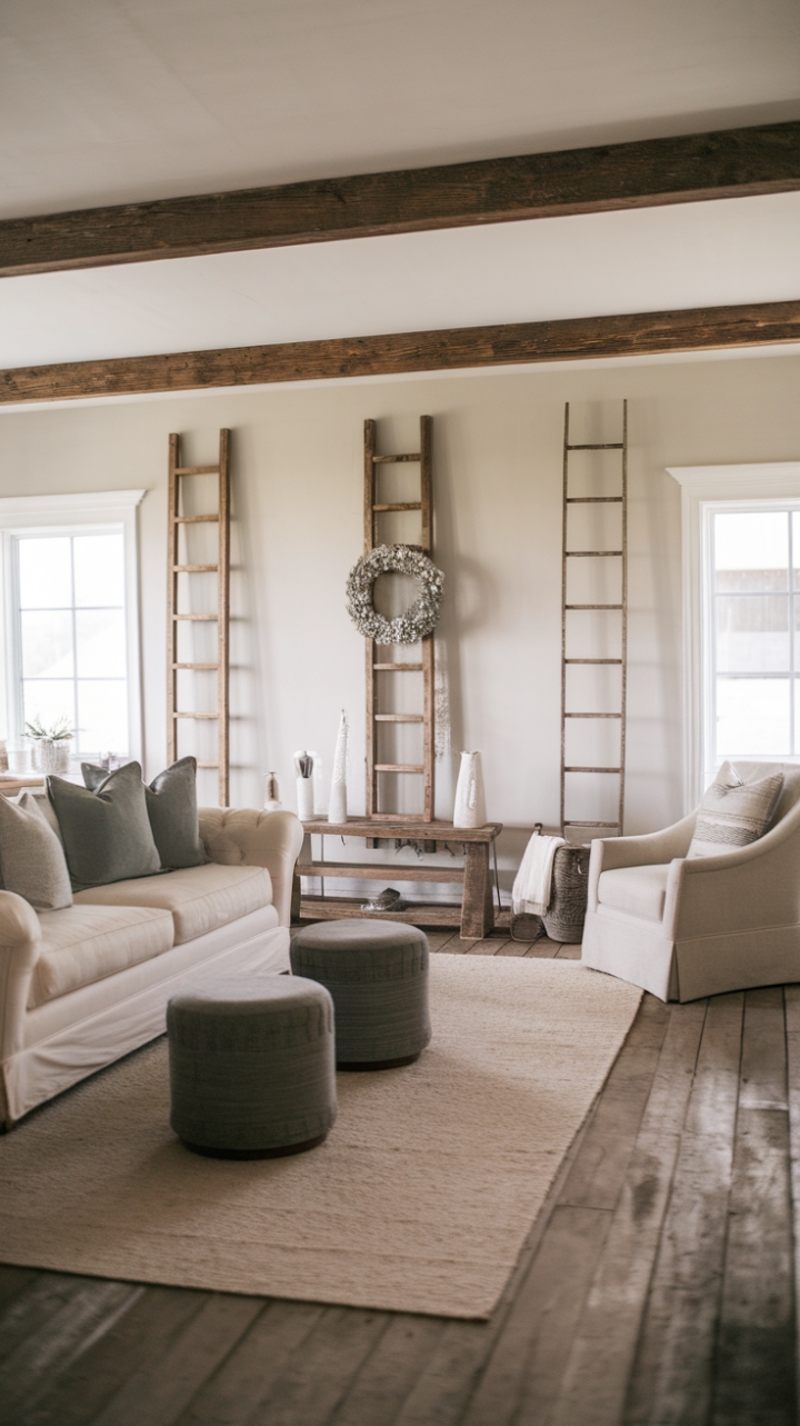 Rustic charm meets modern minimalism in this serene living room. A plush beige sofa, complemented by grey accents and reclaimed wood floors, creates a haven of understated elegance. Vintage farmhouse details, like a leaning ladder and a delicate wreath, add character without sacrificing the space's airy feel.