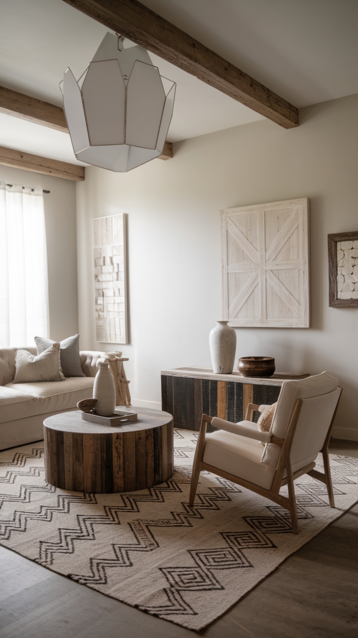 Rustic charm meets modern minimalism in this serene living room. A neutral palette, punctuated by a striking geometric rug and light fixture, creates a space that’s both inviting and sophisticated. Reclaimed wood and subtle textures add depth and warmth, while the clean lines maintain a sense of airy calm. The perfect blend of comfort and style.