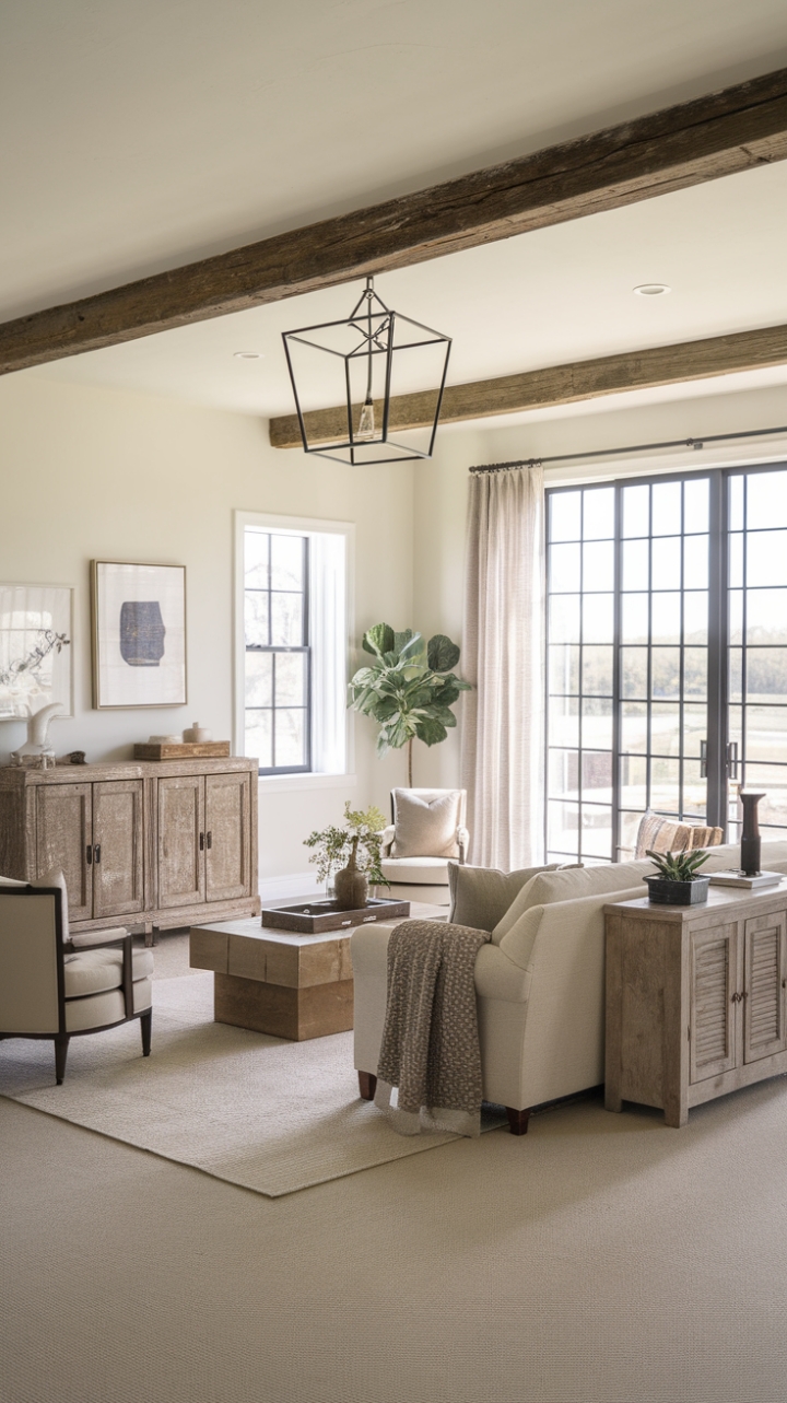 Find your sanctuary in this minimalist farmhouse haven. A rustic wooden cabinet and wrought iron light fixture add character to the airy space, while a comfortable sofa and plush seating invite you to unwind. The carefully chosen artwork and pops of greenery complete this picture of understated elegance.