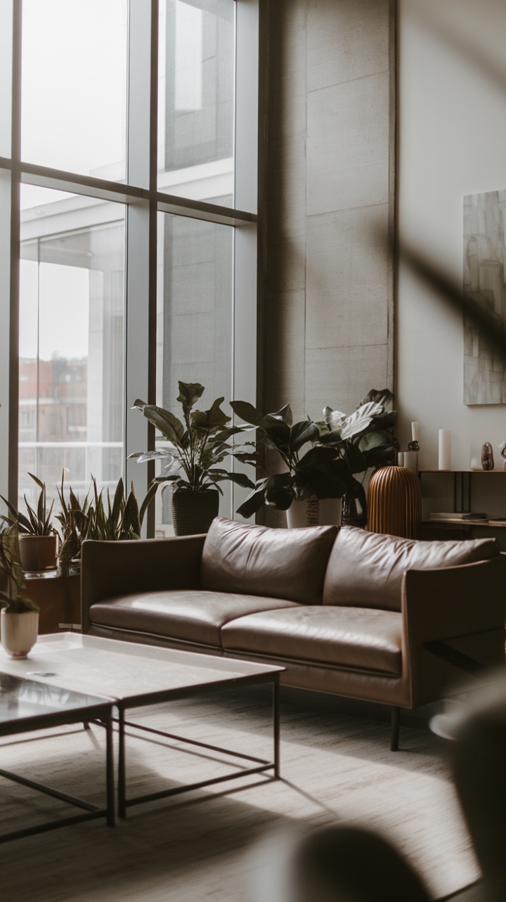 Modern lines and a neutral palette define this stylish lounge, where large windows frame city views and a few carefully chosen accents add personality without sacrificing the space's airy feel. The perfect blend of form and function for the modern homeowner.