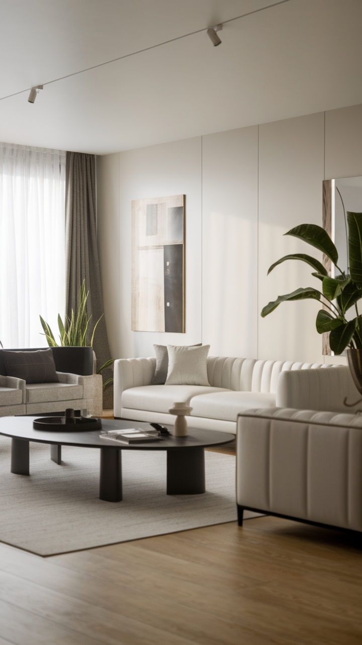 In this chic living room, minimalist design takes center stage, showcasing a harmonious balance of form and function. The crisp white walls and light wooden flooring provide a warm canvas for the stylish white sofa, accented by a few plush cushions that invite relaxation. A striking black coffee table serves as a focal point, while a lush green plant in the corner breathes life into the space. Thoughtfully curated artwork graces the wall behind the sofa, adding a touch of character and sophistication to this modern retreat.
