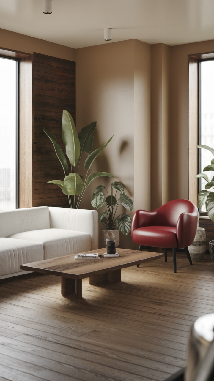This contemporary living room exudes a refined urban charm, where minimalist decor meets chic sophistication. The sleek white sofa invites relaxation, perfectly complemented by a warm wooden coffee table that anchors the space. A striking red chair adds a pop of color, creating a focal point against the soft beige walls that envelop the room in warmth. Lush potted plants breathe life into the atmosphere, while the rich wooden planks underfoot enhance the inviting ambiance, making this space a perfect blend of style and comfort.