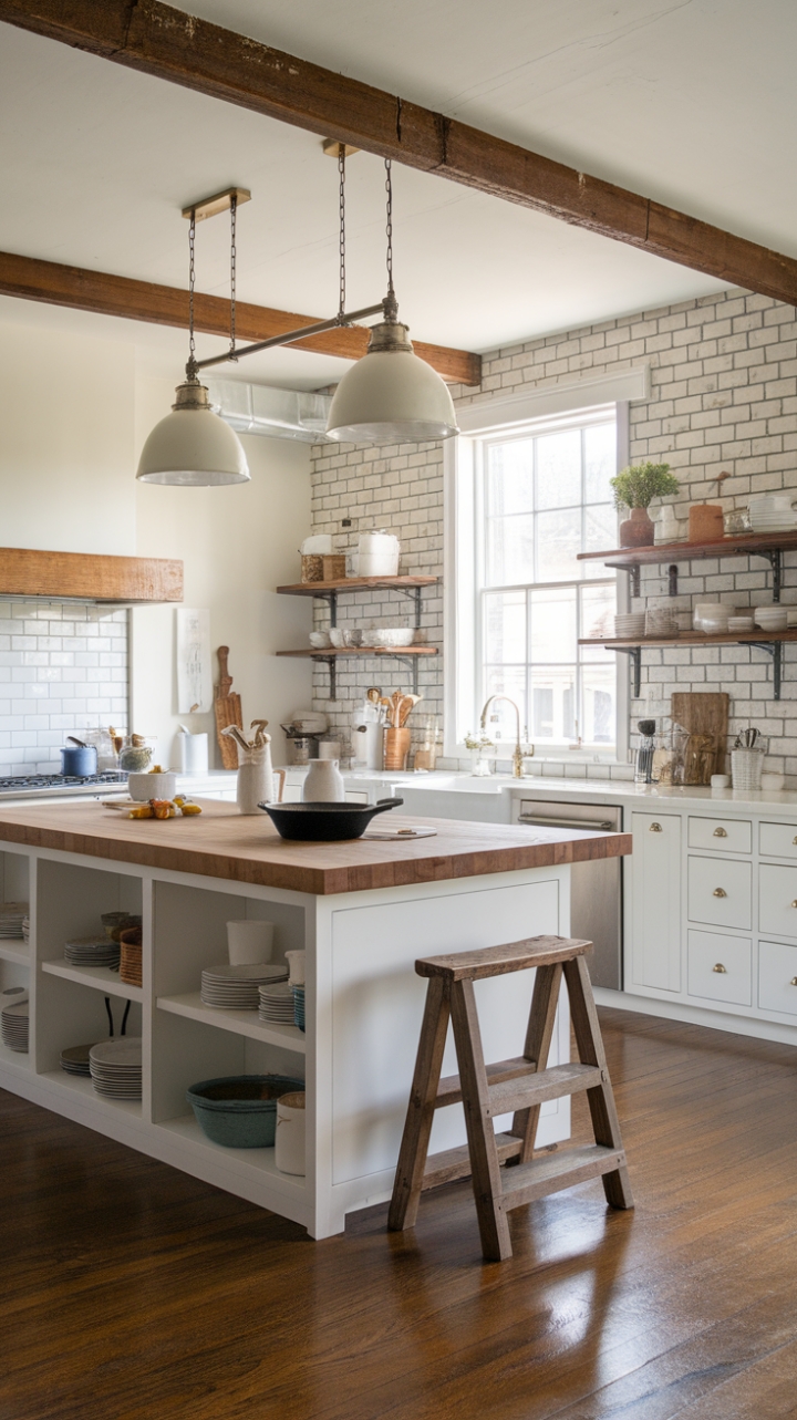 Imagine waking up to this: sun-drenched mornings in a kitchen where the warmth of wood and the coolness of metal create a harmonious balance. A vintage ladder leans casually against the wall, adding a touch of playful rusticity to this impeccably designed space, a testament to the beauty of simple elegance.