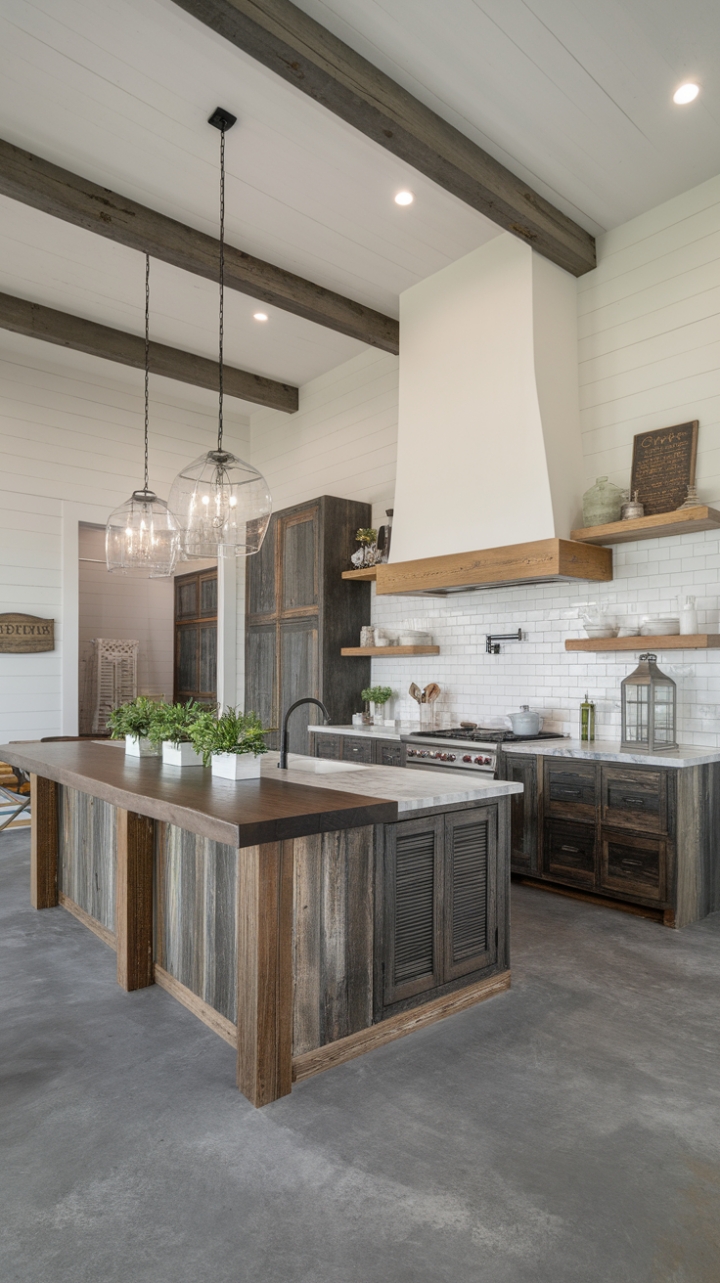 This contemporary farmhouse kitchen is a stunning example of modern rustic style, where open spaces and high ceilings create an airy ambiance. The crisp white walls and exposed wooden beams provide a striking backdrop for the gray concrete flooring, while the luxurious white marble countertops and dark wood-topped island serve as focal points. With reclaimed wood cabinets that exude warmth and character, complemented by a few carefully chosen decorative accents like a vintage sign and a lantern, this kitchen radiates charm. Bright lighting illuminates the space, making it not just a culinary haven but also a welcoming gathering spot for family and friends.