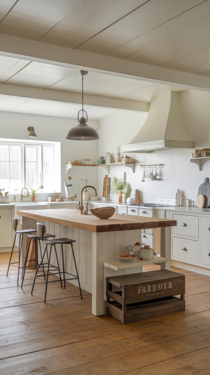 A symphony of textures and styles: whitewashed walls, warm wood floors, and a striking brass faucet harmonize beautifully in this farmhouse-inspired kitchen. The large island, perfect for casual gatherings, is the heart of this minimalist yet wonderfully lived-in space.