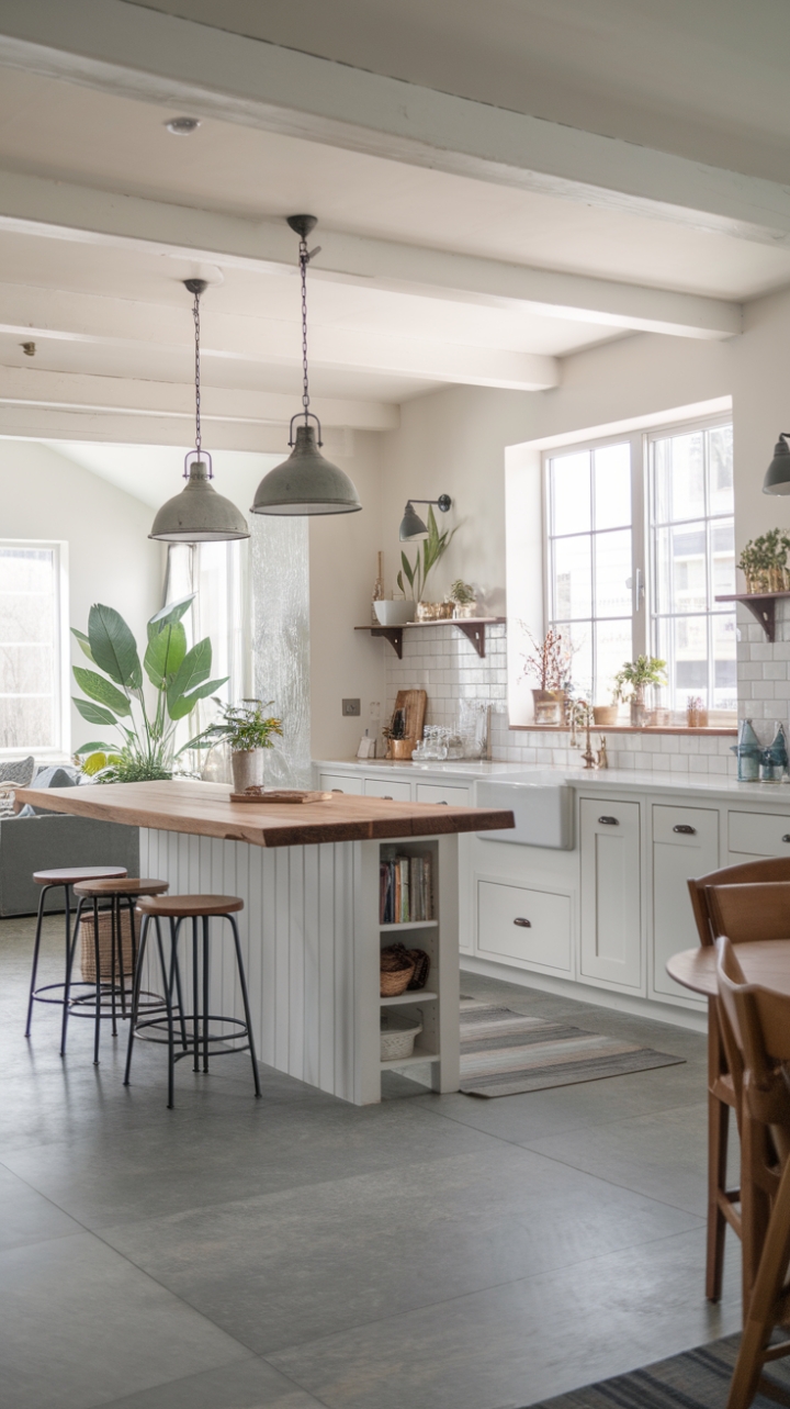 This modern rustic kitchen embodies the charm of contemporary farmhouse design, featuring an inviting open concept layout that seamlessly connects to the living area. At the heart of the space, a spacious island with a warm wooden counter invites gatherings, complemented by sleek bar stools for casual dining. The crisp white walls and cabinets create a bright, airy atmosphere, while stylish metal pendant lights add a touch of industrial flair above the island. Large grey tiles underfoot provide a chic foundation, and the presence of potted plants near the window brings a refreshing touch of nature indoors, enhanced by a charming plant shelf that frames the view.