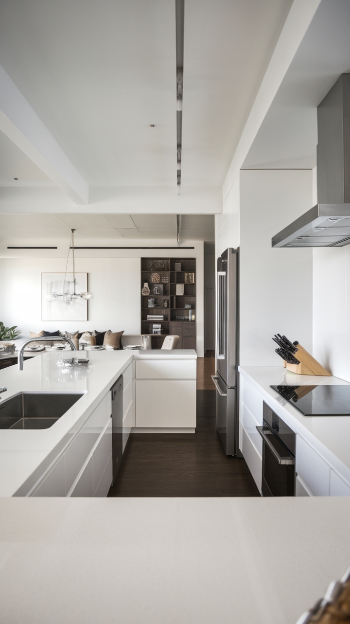 This stunning contemporary kitchen embodies the essence of minimalist design, showcasing a seamless blend of sleek white cabinetry and countertops that create a serene atmosphere. The modern appliances, including a stainless steel sink and range hood, add a touch of sophistication, while the open-concept layout invites natural light to dance across the dark wood floors, enhancing the space's warmth. With a dining area and living space just a glance away, this kitchen is not only a culinary haven but also a stylish hub for entertaining and everyday living.