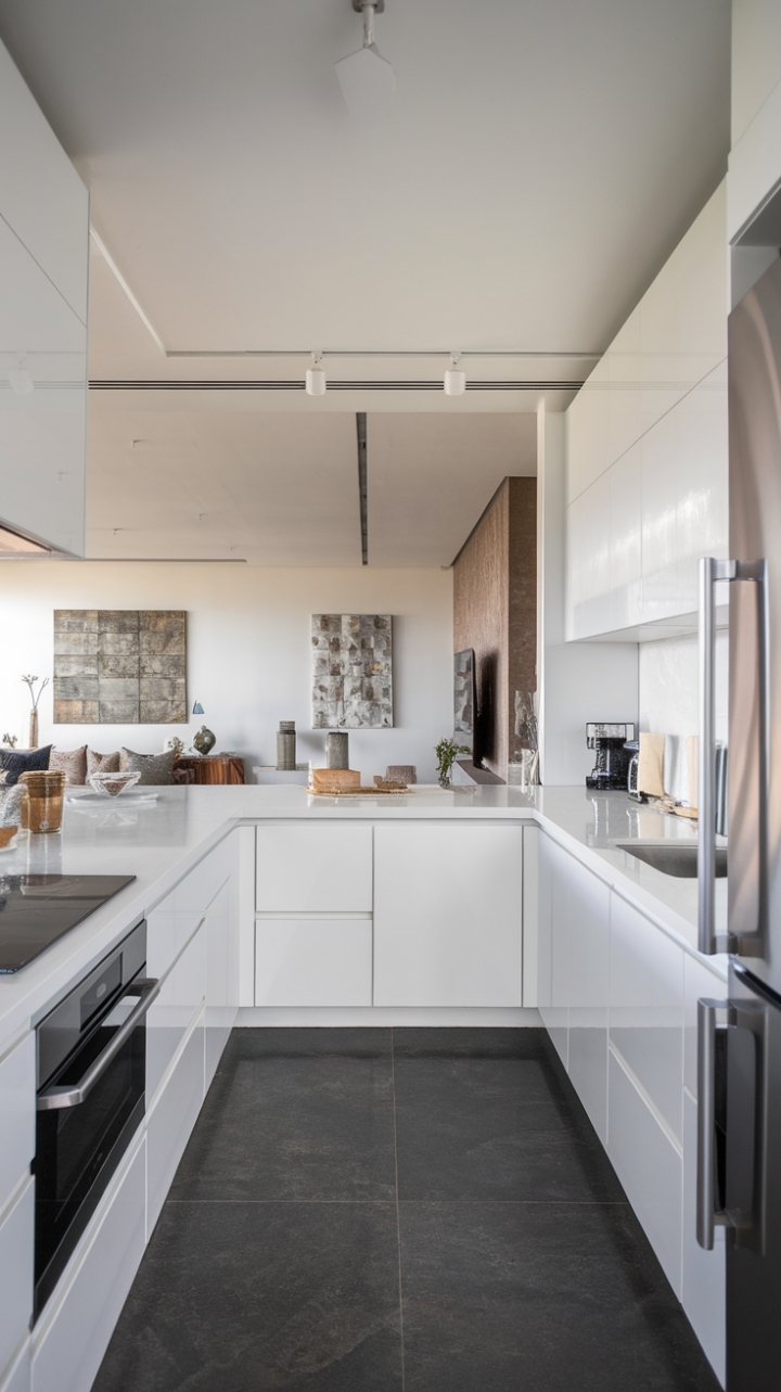 This contemporary white kitchen embodies the essence of modern minimalism, showcasing sleek white cabinetry and pristine countertops that create a serene and inviting atmosphere. The open-concept layout seamlessly connects the kitchen to the living room, enhancing the sense of space and light. Equipped with state-of-the-art stainless steel appliances, including a refrigerator, oven, and microwave, this kitchen is as functional as it is stylish. Dark grey tiles ground the design, providing a striking contrast to the bright cabinetry, while carefully selected pieces of art on the walls add a touch of personality and sophistication to the overall aesthetic.