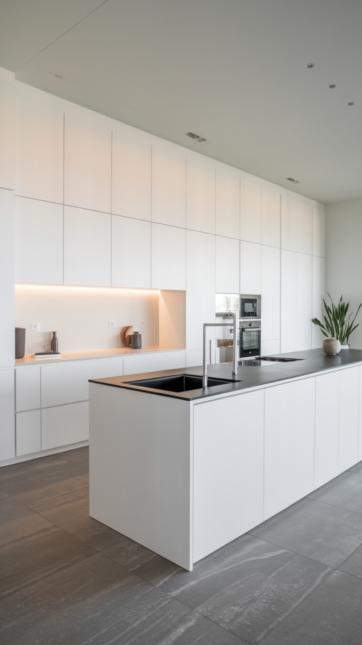 Sculptural lines and a pristine palette define this modern kitchen's minimalist aesthetic. The expansive island, clad in sleek black, anchors the space, while the white cabinetry and gray tile flooring create a sense of airy sophistication. Subtle pops of greenery add a touch of life to this impeccably designed heart of the home.