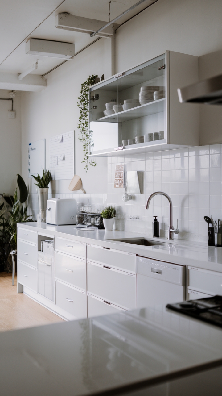 Imagine waking up to this: a pristine white kitchen bathed in natural light, where every detail is considered, every line is clean. The monochrome palette is surprisingly inviting, thanks to the textural interplay of matte cabinets, gleaming countertops, and the soft glow of potted plants. A functional yet stylish space, perfect for the modern minimalist.