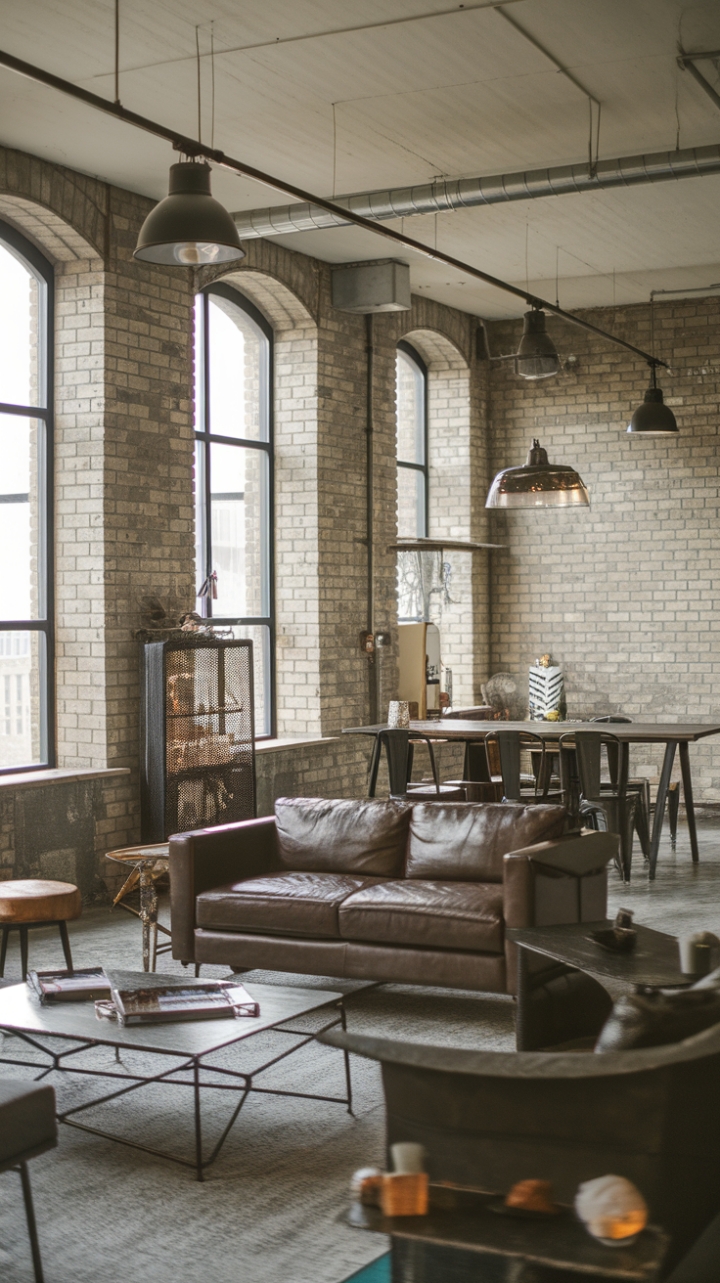 Raw brick walls meet sleek metal and warm wood in this open-concept industrial haven. A minimalist aesthetic reigns, punctuated by bold architectural details and statement lighting, creating a space that's both strikingly modern and undeniably inviting.