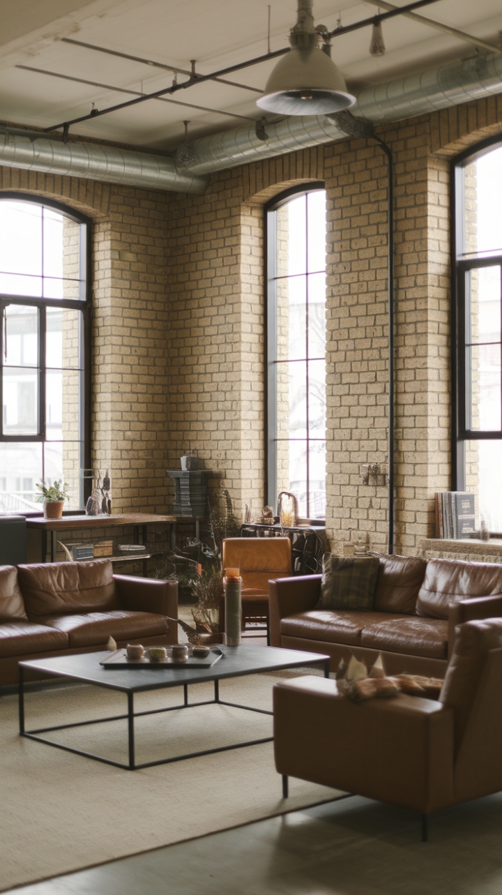 This contemporary industrial living room exudes urban sophistication with its striking blend of raw materials and minimalist design. The exposed brick walls serve as a bold backdrop, while the sleek metal and warm wood furniture create a harmonious balance of texture and style. Industrial lighting fixtures cast a warm glow, enhancing the open concept layout that invites both relaxation and social interaction. Every element in this space speaks to a modern loft aesthetic, where simplicity meets edgy elegance, making it a perfect sanctuary for those who appreciate the beauty of unrefined charm.