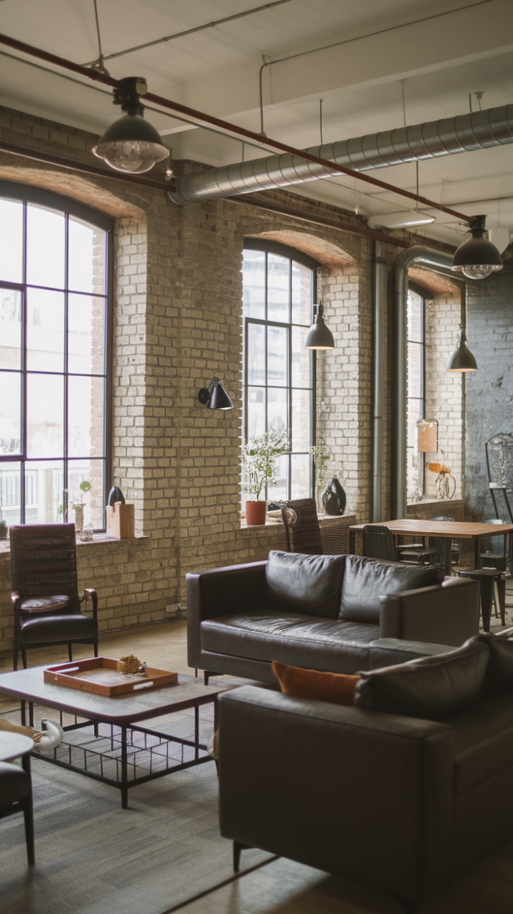 This contemporary industrial living room exudes urban sophistication with its striking blend of raw materials and minimalist design. The exposed brick walls serve as a stunning backdrop, while the sleek metal and warm wood furniture create a harmonious balance of textures. Industrial lighting fixtures cast a warm glow, enhancing the open concept layout that invites both relaxation and social gatherings. With its chic yet unrefined aesthetic, this space captures the essence of modern loft living, making it a perfect sanctuary for those who appreciate the beauty of simplicity.