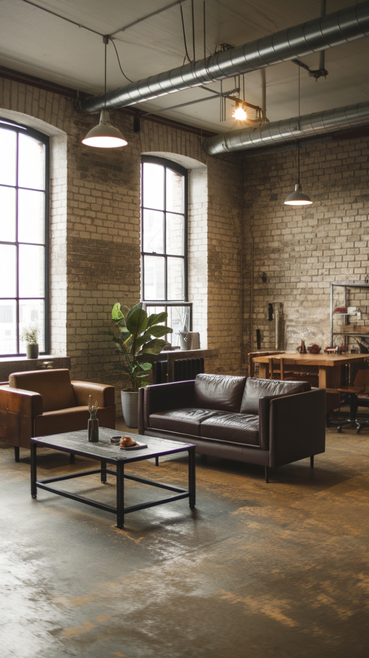 Industrial chic redefined. This open-concept loft boasts a captivating blend of exposed brick, metallic accents, and rustic textures. The space is a masterclass in minimalist design, where every element-from the raw concrete floor to the strategically placed greenery-contributes to a sophisticated yet unpretentious ambiance.
