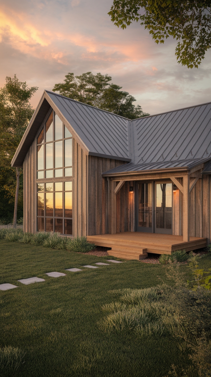 As the sun sets, this modern rustic farmhouse transforms into a captivating vision of warmth and comfort, showcasing a stunning wooden façade paired with a chic metal roof. The expansive windows reflect the soft glow of twilight, while the inviting wooden deck serves as a perfect entryway to a world of stylish living. Nestled amidst vibrant greenery, this home embodies a seamless fusion of contemporary elegance and rustic charm, making it a serene sanctuary that celebrates both nature and modern design.