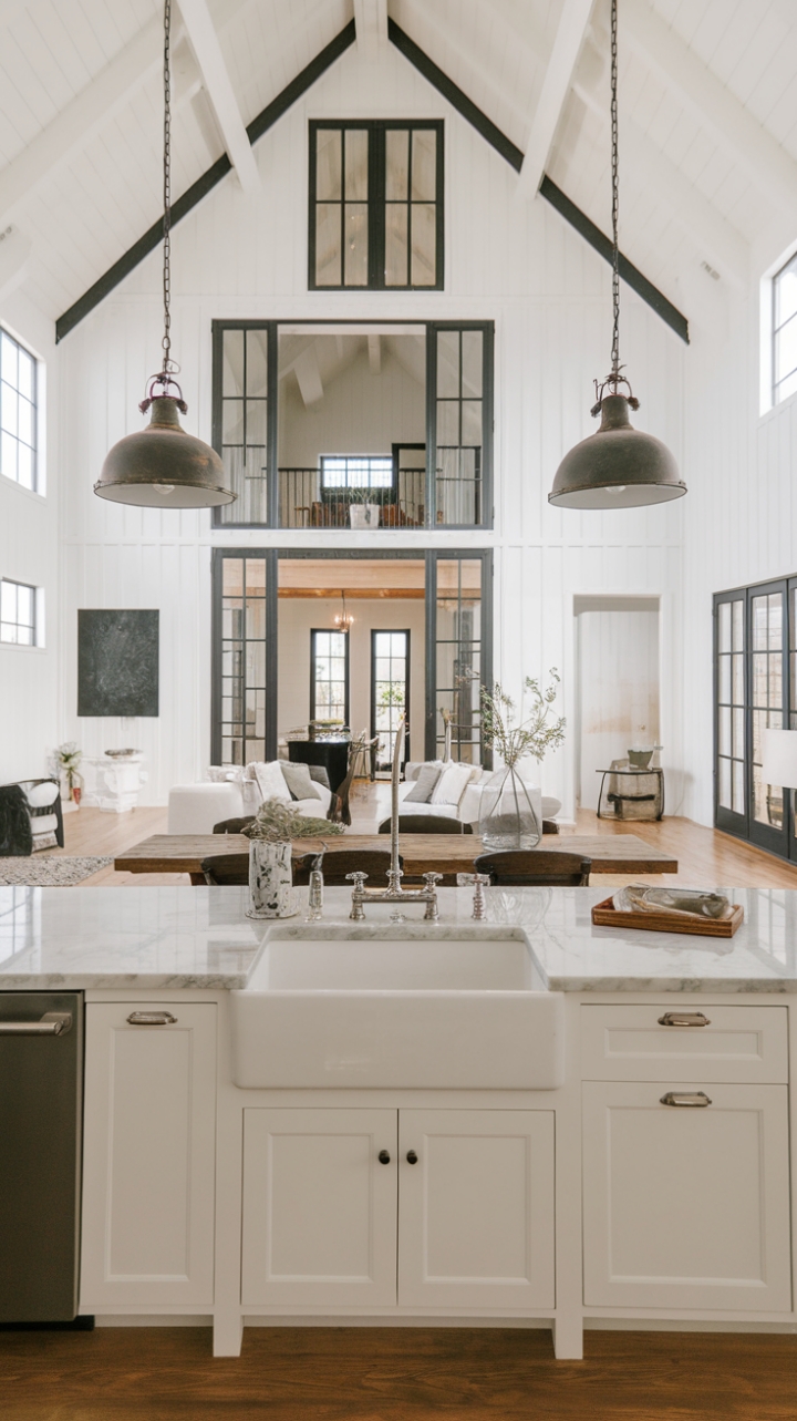 Where modern minimalism meets rustic charm. This contemporary farmhouse boasts a stunning white exterior, punctuated by black accents and expansive windows that flood the interior with natural light. Inside, an open-concept layout seamlessly blends a vintage-inspired kitchen with marble countertops and industrial lighting, a rustic dining area perfect for gatherings, and a cozy living room adorned with carefully curated art. The hardwood floors and minimalist aesthetic create a space that's both inviting and sophisticated.