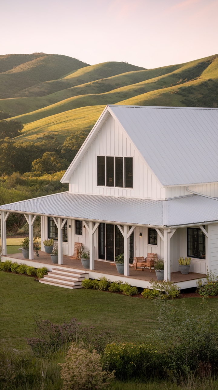 Where modern meets rustic charm. This contemporary farmhouse, bathed in warm sunlight and nestled amongst rolling hills, offers a tranquil escape. The expansive porch, adorned with potted greenery and inviting seating, beckons you to unwind and soak in the breathtaking views. Whitewashed walls and rich wood accents create a harmonious blend of styles, promising a home filled with comfort and character.