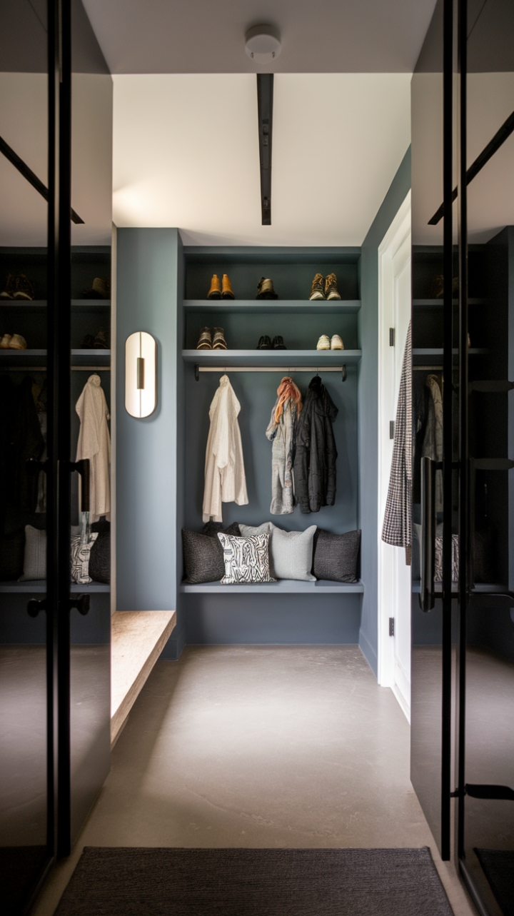 Modernity redefined. This image showcases a breathtaking contemporary foyer, its minimalist hallway leading to a stylish vestibule that exudes urban sophistication. The trendy mudroom acts as a chic reception area, a perfect blend of form and function for the discerning homeowner.