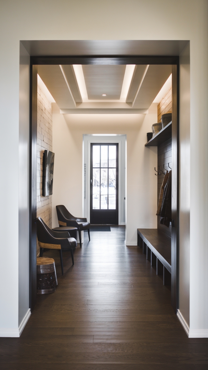 A modern masterpiece: Dark wood floors ground this minimalist foyer, creating a dramatic contrast against crisp white walls. The stylish vestibule flows seamlessly into a chic reception area and a practical mudroom, showcasing a perfect blend of form and function in today's urban landscape.