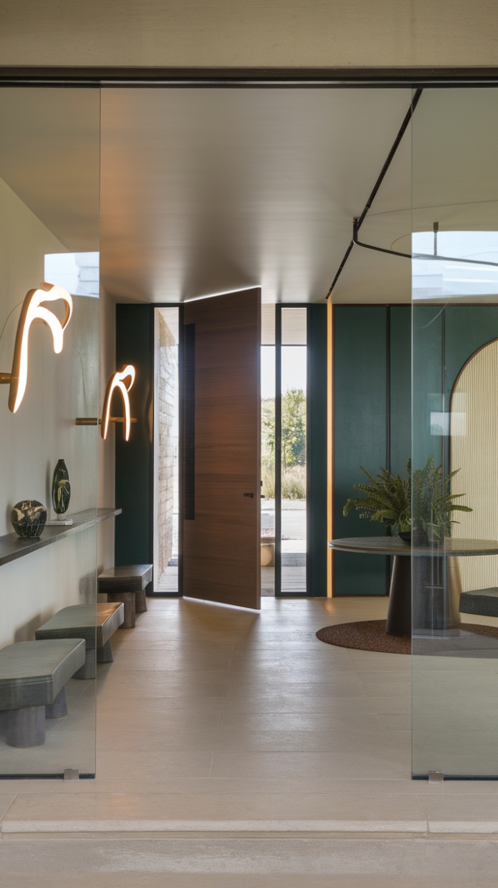 This contemporary foyer exudes sophistication with its minimalist design, showcasing a sleek wooden door framed by a striking glass wall that invites natural light to dance across the space. The expansive light-colored tiles create a serene foundation, while two modern lamps with graceful curves add a touch of artistic flair. A thoughtfully arranged shelf on the left wall displays curated decorative items, enhancing the room's character. The chic mudroom, featuring a bold dark green door, seamlessly transitions into a stylish reception area, complete with a round table and a vibrant potted plant that breathes life into the ambiance.