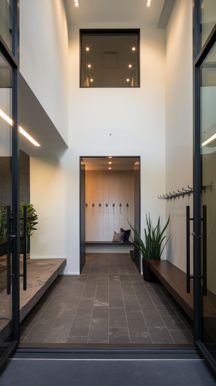 Urban chic meets minimalist serenity in this showstopping foyer. Dark grey tiles ground the space, while crisp white walls and high ceilings create an airy feel. A strategically placed plant and sleek coat rack add subtle personality, leading the eye towards a stylish mudroom beyond, complete with built-in bench and hooks – the perfect blend of form and function for the modern home.