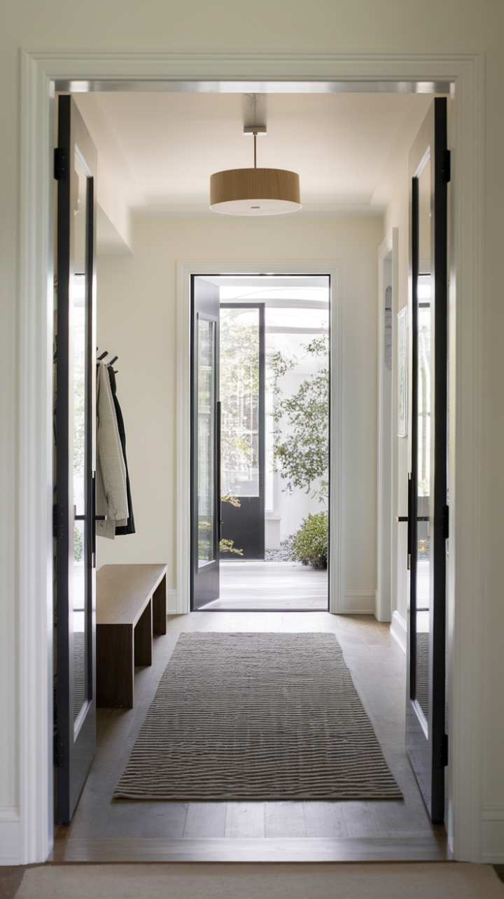 A stunning example of contemporary design, this entryway captures the essence of modern living with its clean lines and minimalist approach. The foyer invites you into a world of understated elegance, where the stylish mudroom and sleek hallway work in harmony to create a welcoming atmosphere. Each element, from the chic entranceway to the thoughtfully chosen decor, reflects a commitment to simplicity and sophistication, making this space a true statement of contemporary style.